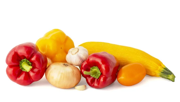 Conjunto de verduras de fruta apetitosa madura brillante pimientos cebolla zucc —  Fotos de Stock