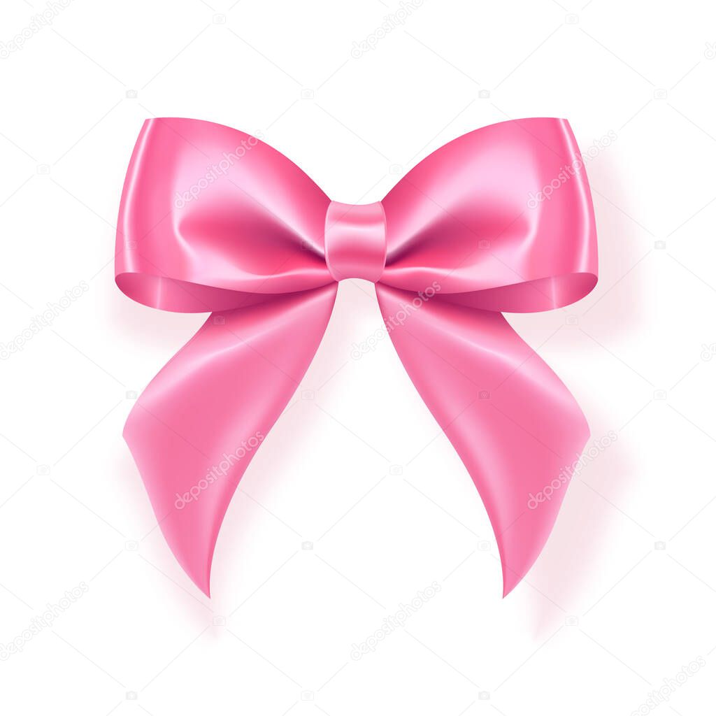 Vector illustration.Decorative pink ribbon bow, realistic holiday rope isolated on white background with transparent shadow.