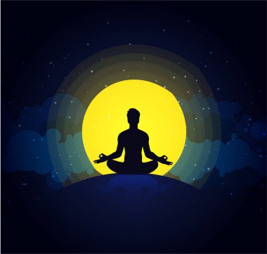 Gece gökyüzünde ay ile meditasyon yapan birinin silueti.