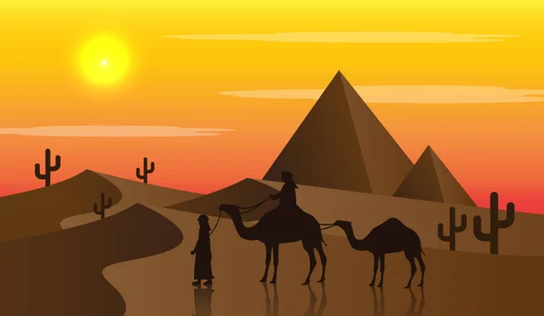 Arte Vectorial Vista Del Atardecer Del Desierto Con Gente Camellos — Archivo Imágenes Vectoriales