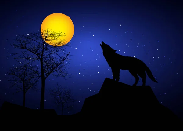 Silhouette Eines Heulenden Wolfes Auf Einem Felsen Mit Mond Sternenhimmel — Stockvektor