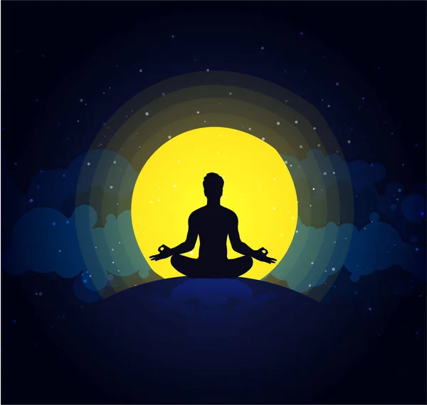 Gece Gökyüzünde Ile Meditasyon Yapan Birinin Silueti — Stok Vektör