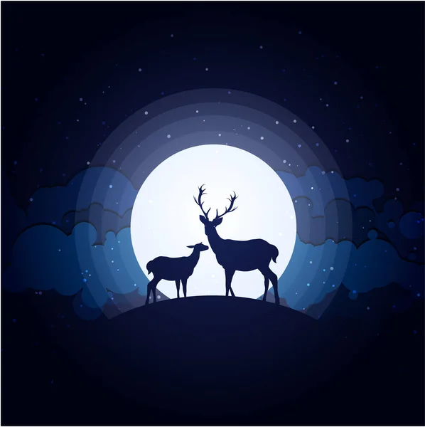 Two Deer Silhouettes Hill Moon — Stock Vector