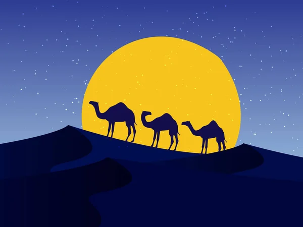 Desert Landscape Camels Silhouettes Moon Vector Illustration — Stock Vector