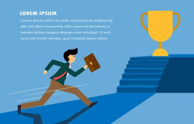 İşadamı altın kupa için merdivenlerden yukarı koşuyor, başarı için iş konsepti.