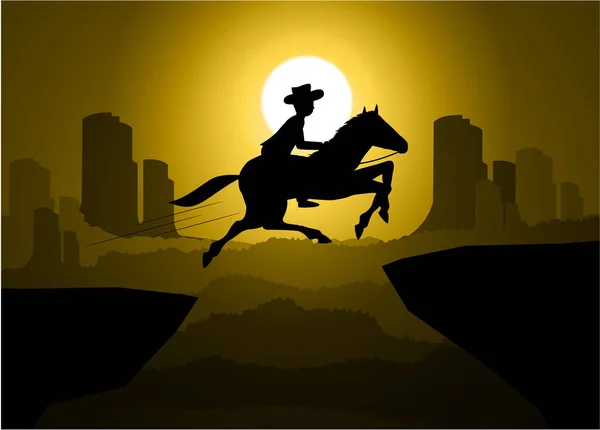 砂漠で日没時に馬の上を走るカウボーイのシルエット — ストックベクタ