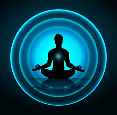 Kişinin silueti ses dalgalarıyla soyut mavi arkaplan üzerinde meditasyon yapar
