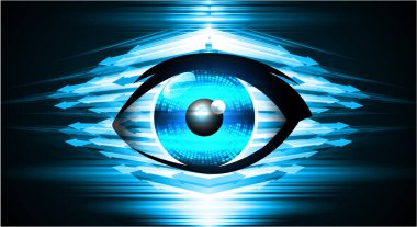 Soyut teknoloji bilim konsepti göz dijital bağlantısı ve mavi arka planda ikili hi teknolojisi