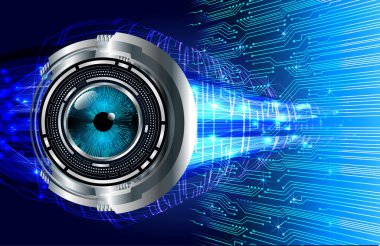 Soyut teknoloji bilim konsepti göz dijital bağlantısı ve mavi arka planda ikili hi teknolojisi