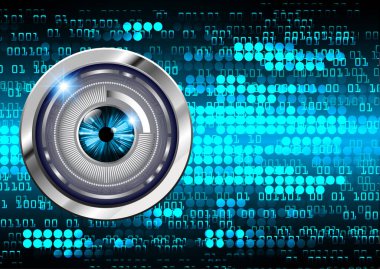 Soyut teknoloji bilim konsepti göz dijital bağlantısı ve mavi arka planda ikili hi teknolojisi