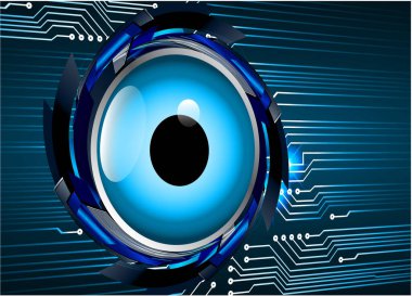 Soyut teknoloji bilim konsepti göz dijital bağlantısı ve mavi arka planda ikili hi teknolojisi