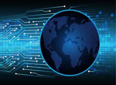 Dünya ikili devre kartı gelecek teknolojisi, mavi hud siber güvenlik kavramı arka planı