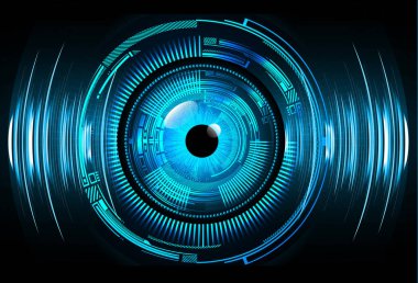 Soyut teknoloji bilim konsepti göz dijital bağlantısı ve mavi arka planda ikili hi teknolojisi