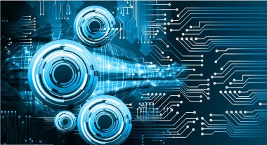 Soyut teknoloji bilim konsepti göz dijital bağlantısı ve mavi arka planda ikili hi teknolojisi