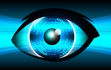 Soyut teknoloji bilim konsepti göz dijital bağlantısı ve mavi arka planda ikili hi teknolojisi