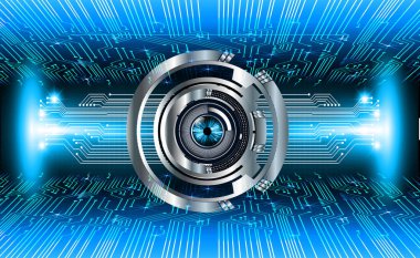 Teknoloji bilimi konsepti göz dijital bağlantısı ve soyut arka planda ikili hi teknolojisi