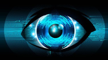 Soyut teknoloji bilim konsepti göz dijital bağlantısı ve mavi arka planda ikili hi teknolojisi