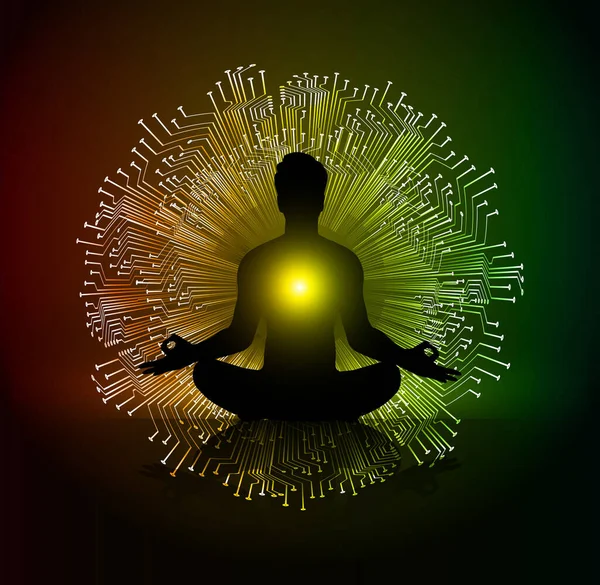 Man Meditate Dark Black Abstract Background Yoga Ray Beam Buddhist — Stock Vector