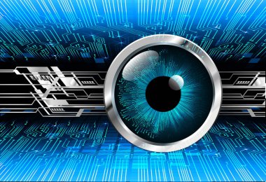 Soyut teknoloji bilim konsepti göz dijital bağlantısı ve mavi arka planda ikili hi teknolojisi