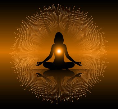Kadın meditasyonu koyu pembe soyut ateş arkaplanı üzerine. yoga.