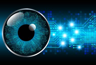 Soyut teknoloji bilim konsepti göz dijital bağlantısı ve mavi arka planda ikili hi teknolojisi