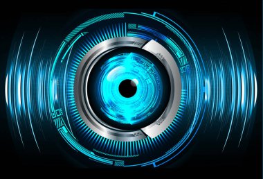 Soyut teknoloji bilim konsepti göz dijital bağlantısı ve mavi arka planda ikili hi teknolojisi