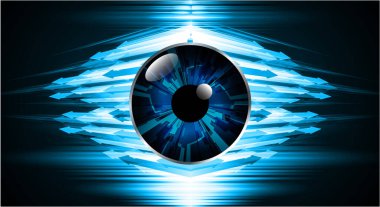 Soyut teknoloji bilim konsepti göz dijital bağlantısı ve mavi arka planda ikili hi teknolojisi