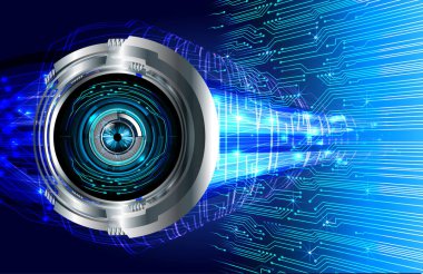 Soyut teknoloji bilim konsepti göz dijital bağlantısı ve mavi arka planda ikili hi teknolojisi