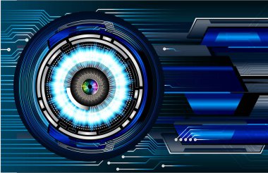 Soyut teknoloji bilim konsepti göz dijital bağlantısı ve mavi arka planda ikili hi teknolojisi