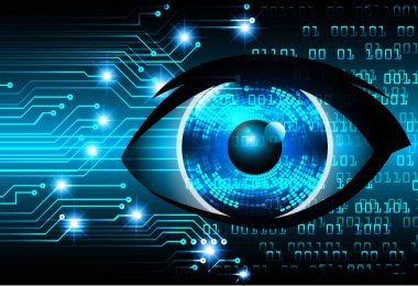 Soyut teknoloji bilim konsepti göz dijital bağlantısı ve mavi arka planda ikili hi teknolojisi