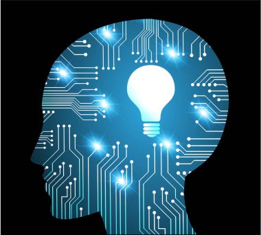 Bilgisayar grafikleri internet işi için Dark Blue Light Abstract Technology arka planı. Devre. Vektör çizimi. Bilgi grafikleri. Beyin fırtınası, Beyin. Ampul Fikirleri