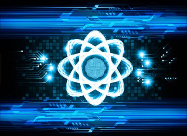 Koyu mavi parlayan atom şeması. Çizim. Bilgisayar grafiği için soyut teknoloji arkaplanı