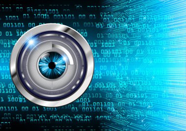 Soyut teknoloji bilim konsepti göz dijital bağlantısı ve mavi arka planda ikili hi teknolojisi