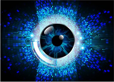 Soyut teknoloji bilim konsepti göz dijital bağlantısı ve mavi arka planda ikili hi teknolojisi