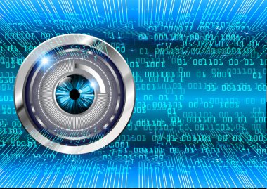 Soyut teknoloji bilim konsepti göz dijital bağlantısı ve mavi arka planda ikili hi teknolojisi