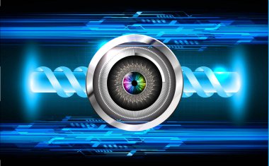 İkili gelecek teknolojisi, mavi göz siber güvenlik konsepti arka plan, soyut yüksek hızlı dijital internet.