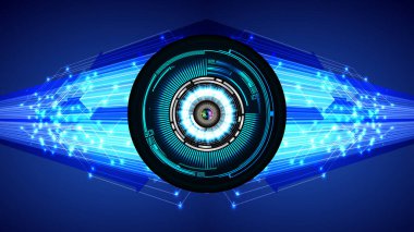 Soyut teknoloji bilim konsepti göz dijital bağlantısı ve mavi arka planda ikili hi teknolojisi