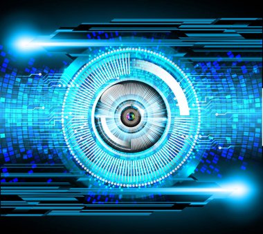 Soyut teknoloji bilim konsepti göz dijital bağlantısı ve mavi arka planda ikili hi teknolojisi