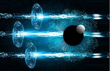 Soyut teknoloji bilim konsepti göz dijital bağlantısı ve mavi arka planda ikili hi teknolojisi