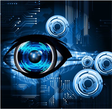 Soyut teknoloji bilim konsepti göz dijital bağlantısı ve mavi arka planda ikili hi teknolojisi