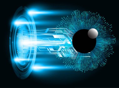 Soyut teknoloji bilim konsepti göz dijital bağlantısı ve mavi arka planda ikili hi teknolojisi