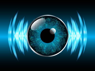 Soyut teknoloji bilim konsepti göz dijital bağlantısı ve mavi arka planda ikili hi teknolojisi