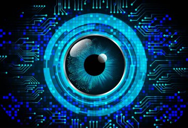 Soyut teknoloji bilim konsepti göz dijital bağlantısı ve mavi arka planda ikili hi teknolojisi