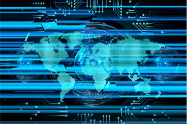 İkili devre kartı gelecek teknolojisi, mavi siber güvenlik kavramı özgeçmişi, soyut yüksek hızlı dijital internet. dünya haritası vektörü