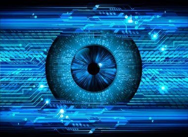 Soyut teknoloji bilim konsepti göz dijital bağlantısı ve mavi arka planda ikili hi teknolojisi