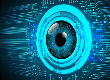 Soyut teknoloji bilim konsepti göz dijital bağlantısı ve mavi arka planda ikili hi teknolojisi