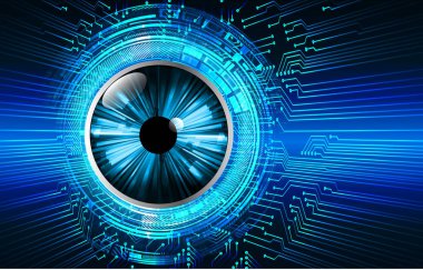 Soyut teknoloji bilim konsepti göz dijital bağlantısı ve mavi arka planda ikili hi teknolojisi