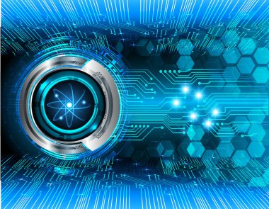 Koyu mavi parlayan atom şeması. Çizim. Bilgisayar grafiği için soyut teknoloji arkaplanı