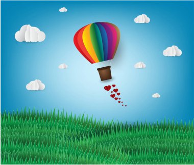 Origami kalp şeklinde sıcak hava balonu yaptı. Kağıt sanatı. Sevgililer Günü