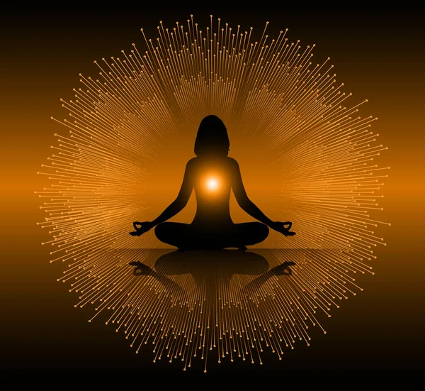 Kadın meditasyonu koyu pembe soyut ateş arkaplanı üzerine. yoga.